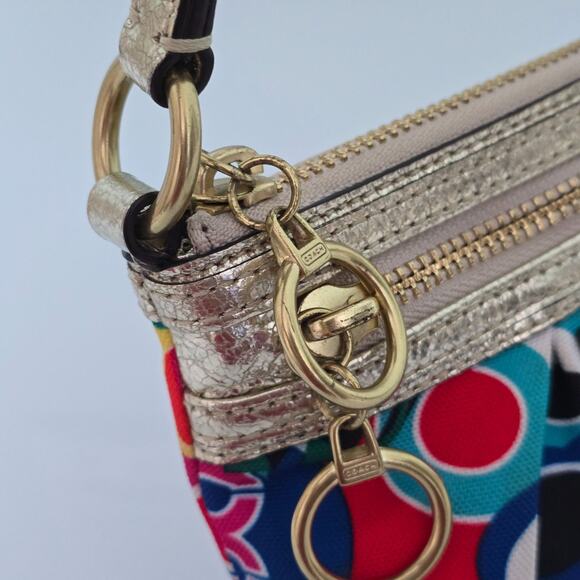 Coach Poppy Glam Op Art Colorful Wristlet Purse Clutch Metallic Gold - Picture 14 of 16